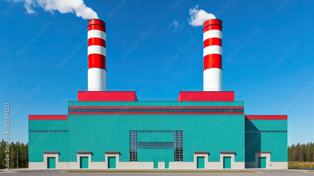 A large industrial facility with red and white smokestacks against a clear blue sky, surrounded by trees. A large industrial facility with red and white smokestacks against a clear blue sky, surrounded by trees.