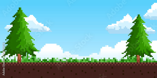 Flat cartoon of pixel art illustration of landscape background. Pixel arcade display for game design. 8-bit retro-style game design concept