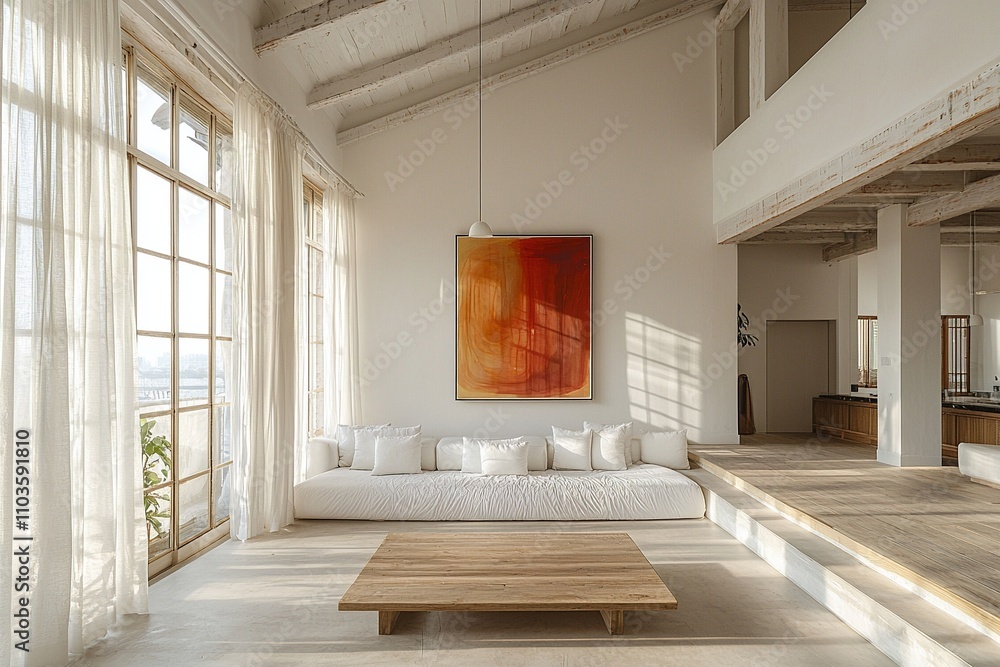 Fototapeta premium A living room photo of a combination of Scandinavian interiors and japandi interiors in a living room with a window view and sofa and table. Generative AI 