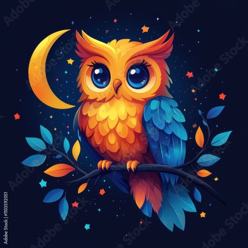 Logo design showcasing a cute owl perched on a branch, surrounded by colorful stars and a moon. The bright colors and cartoon illustration style create a whimsical look, enhanced by a 3D rendering 