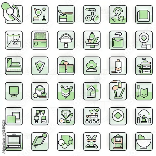 A diverse set of minimalist icons representing various creative and professional tools.