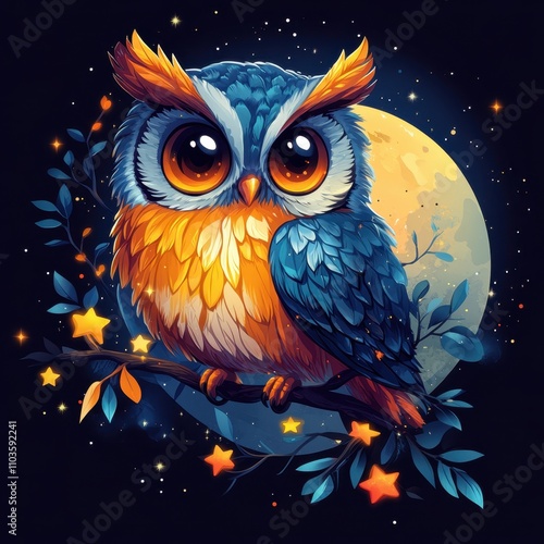 Logo design showcasing a cute owl perched on a branch, surrounded by colorful stars and a moon. The bright colors and cartoon illustration style create a whimsical look, enhanced by a 3D rendering 