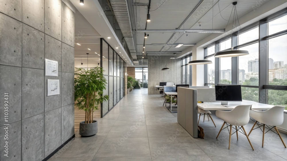 Modern Gray Open Space Office Interior with Mock Up Wall for Creative Workspaces, Collaborative Environments, and Minimalist Design Inspiration Modern Gray Open Space Office Interior with Mock Up Wall for Creative Workspaces, Collaborative Environments, and Minimalist Design Inspiration