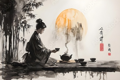 Traditional Sumi Style Painting of a Master Performing a Serene Tea Ceremony at Sunset photo