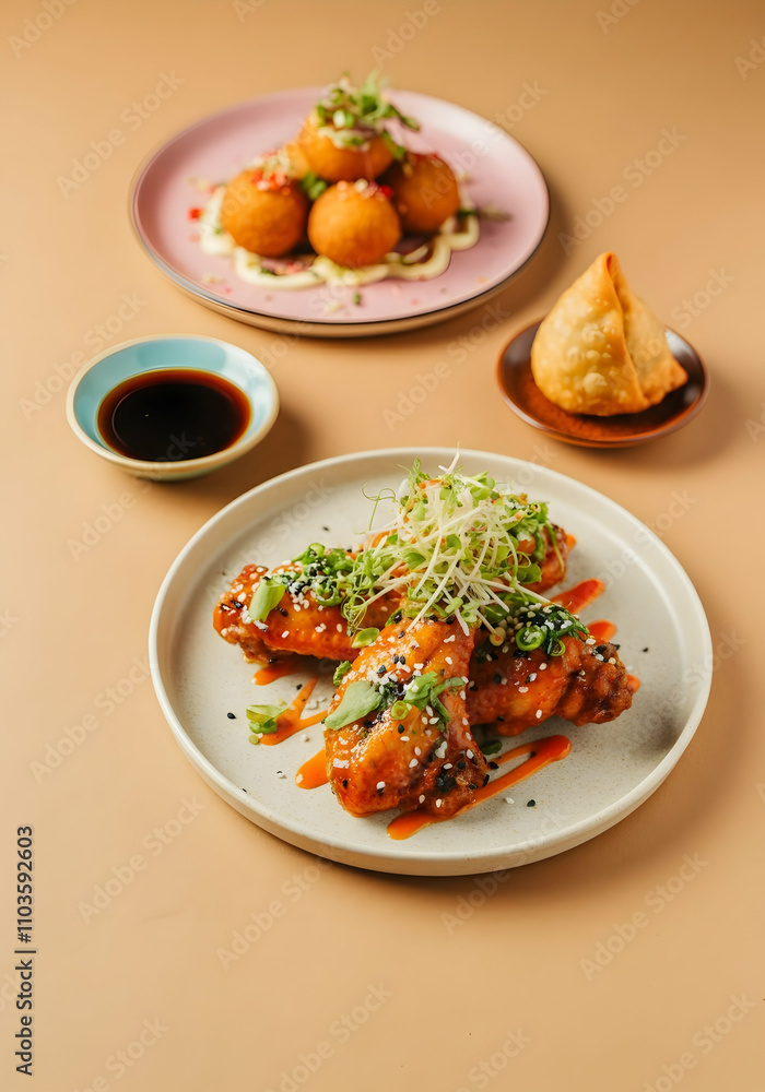 Multiple tasty casual looking vibrant finger food dishes, chicken wing and yakitori, vada potato balls, dumpling and samosa all sprinkled on top and garnishes on a matter bistro plates. Multiple tasty casual looking vibrant finger food dishes, chicken wing and yakitori, vada potato balls, dumpling and samosa all sprinkled on top and garnishes on a matter bistro plates.