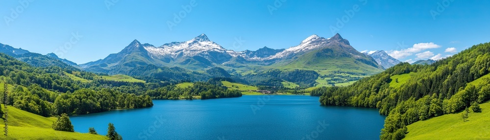 A stunning panoramic view of mountains and a serene lake, surrounded by lush greenery under a bright blue sky. A stunning panoramic view of mountains and a serene lake, surrounded by lush greenery under a bright blue sky.