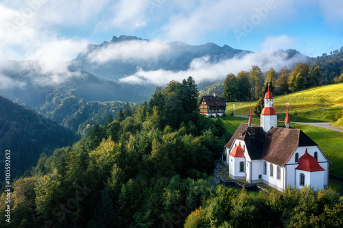 Hergiswald church in the swiss Alps mountains, Switzerland