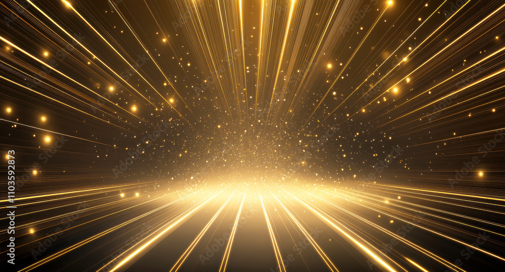 Abstract Golden Light Rays with Glowing Stars on a Dark Background Abstract Golden Light Rays with Glowing Stars on a Dark Background
