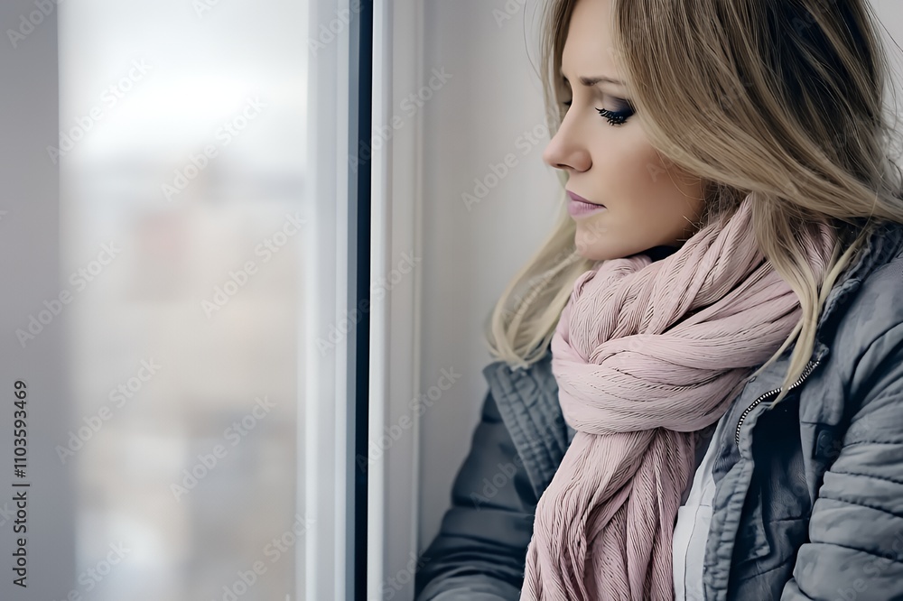 A contemplative woman gazes out a window, wrapped in a cozy scarf, reflecting on her thoughts. A contemplative woman gazes out a window, wrapped in a cozy scarf, reflecting on her thoughts.