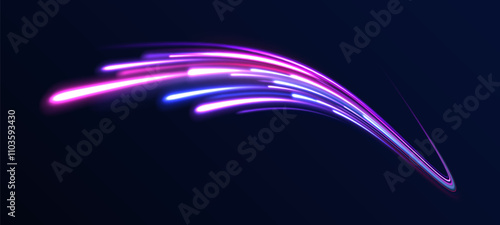 Creative vector illustration of flying cosmic meteor, planetoid, comet, fireball isolated on transparent background. Effect, png, wave,neon,line. Light arc in neon colors, in the form of a turn.