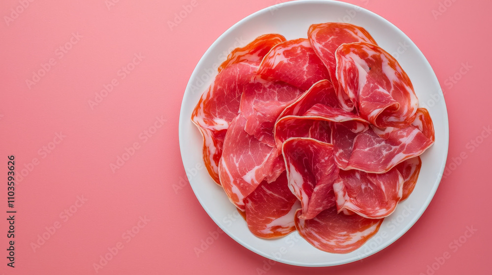 Obraz premium Fresh raw meat slices arranged on plate, showcasing vibrant colors