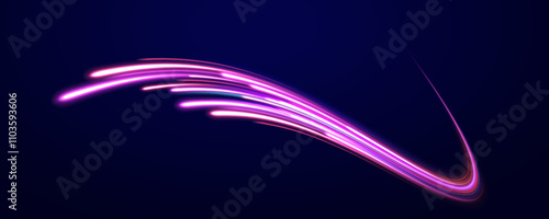 Light arc in neon colors, in the form of a turn.Creative vector illustration of flying cosmic meteor, planetoid, comet, fireball isolated on transparent background. Effect, png, wave,neon,line.