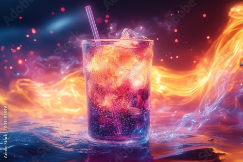 Vibrant Drink with Ice and Straw Surrounded by Colorful Light Effects in Dark Background