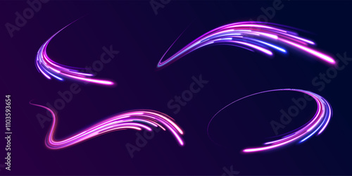 Light arc in neon colors, in the form of a turn.Creative vector illustration of flying cosmic meteor, planetoid, comet, fireball isolated on transparent background. Effect, png, wave,neon,line.
