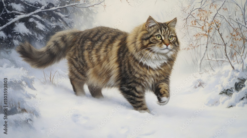 Siberian Cat Walking Through a Winter Wonderland Siberian Cat Walking Through a Winter Wonderland