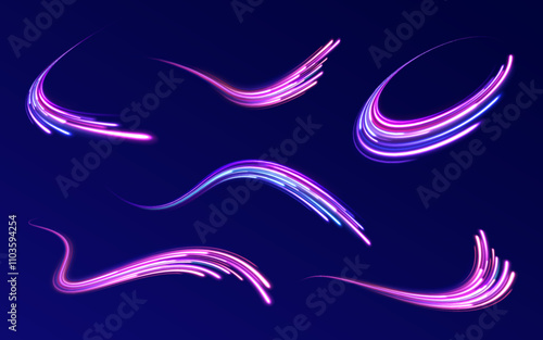 Horizontal speed lines connection vector background. Futuristic dynamic motion technology blue glowing lines air flow effect.  Racing cars dynamic flash effects city road with long exposure.