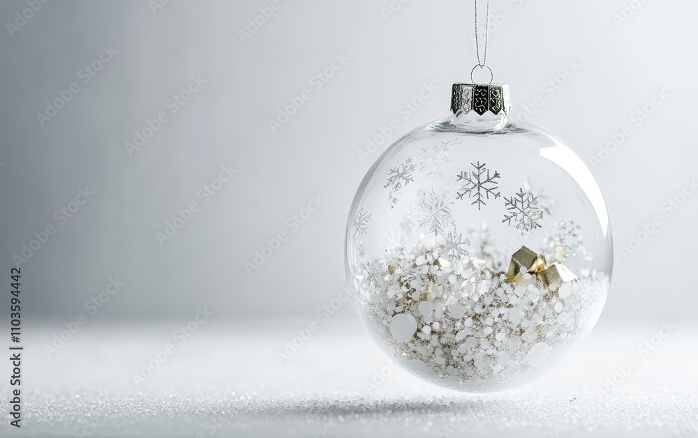 A transparent glass ornament filled with miniature snowflakes and tiny wrapped presents, floating against a white surface A transparent glass ornament filled with miniature snowflakes and tiny wrapped presents, floating against a white surface