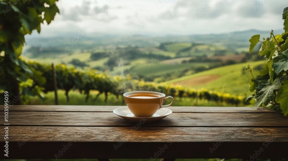 A steaming cup of tea sits on a wooden table with a scenic vineyard backdrop. A steaming cup of tea sits on a wooden table with a scenic vineyard backdrop.