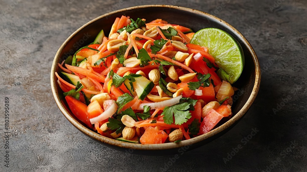 superfoods nutrition longevity concept. A colorful salad with fresh vegetables, herbs, and lime, garnished with peanuts, served in a rustic bowl against a dark background. superfoods nutrition longevity concept. A colorful salad with fresh vegetables, herbs, and lime, garnished with peanuts, served in a rustic bowl against a dark background.