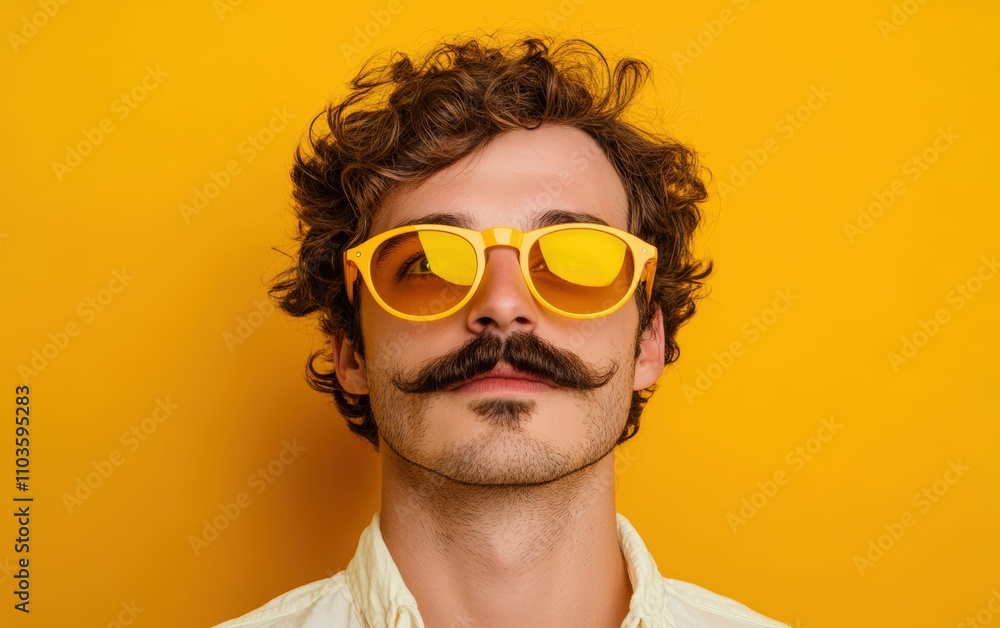 Man with a mustache and yellow sunglasses is standing in front of a yellow background. Concept of fun and playfulness, as the man's choice of attire and accessories suggest a lighthearted Man with a mustache and yellow sunglasses is standing in front of a yellow background. Concept of fun and playfulness, as the man's choice of attire and accessories suggest a lighthearted