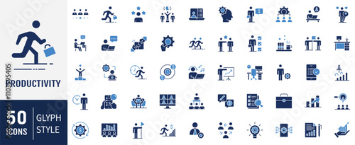 Productivity Icon set. Containing optimization, resource utilization, effectiveness, streamlining, lean processes, time management icon. Vector Illustration