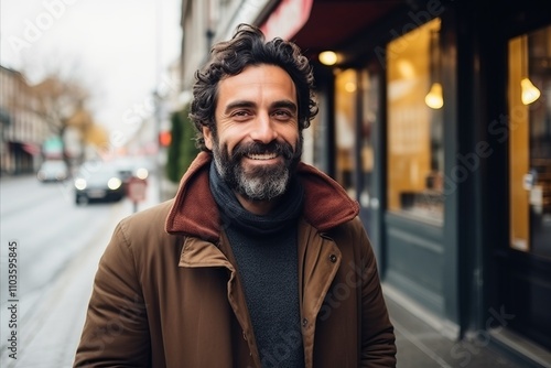 Portrait of a handsome middle-aged man with beard in the city