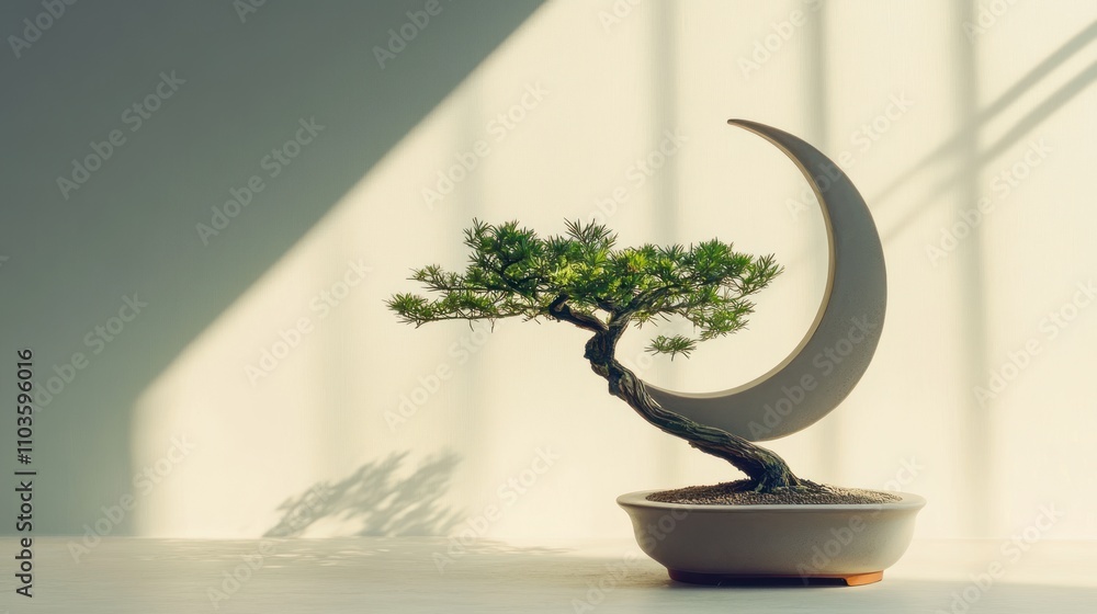 A bonsai tree elegantly displayed beside a crescent moon sculpture, emphasizing tranquility. A bonsai tree elegantly displayed beside a crescent moon sculpture, emphasizing tranquility.