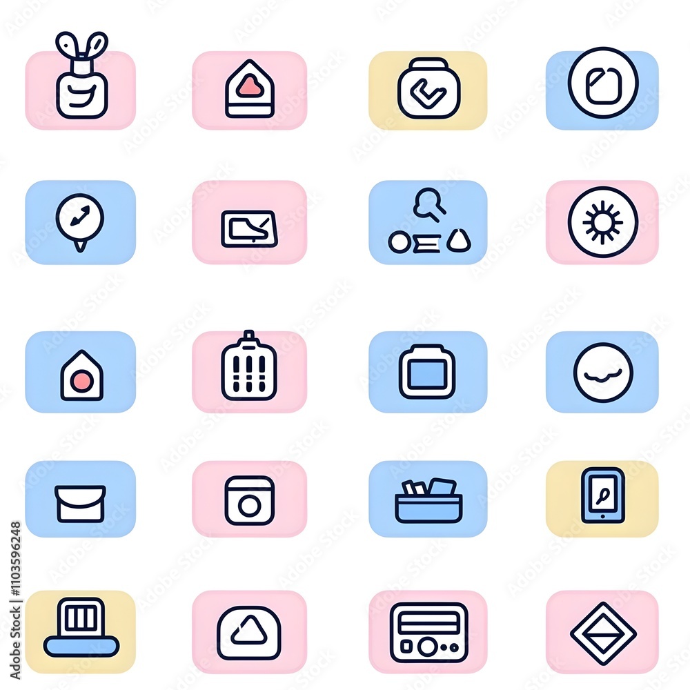 A collection of minimalist icons representing various office tools and activities. A collection of minimalist icons representing various office tools and activities.