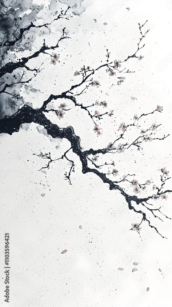 Delicate Sumi Painting of Sakura Petals Drifting in a Gentle Breeze over a Serene Background Delicate Sumi Painting of Sakura Petals Drifting in a Gentle Breeze over a Serene Background