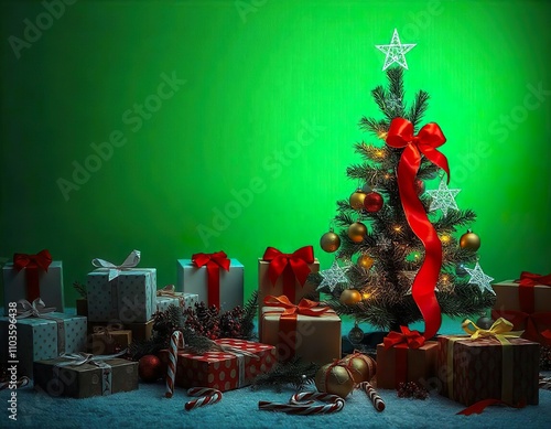 A Christmas scene with a green background, featuring a Christmas tree decorated with ornaments, lights, and a red ribbon. There are also wrapped gifts, candy canes, and other holiday decorations scatt photo