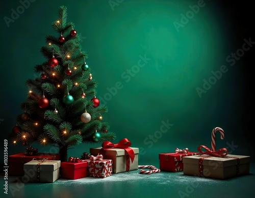 A Christmas scene with a green background, featuring a Christmas tree decorated with ornaments, lights, and a red ribbon. There are also wrapped gifts, candy canes, and other holiday decorations scatt photo