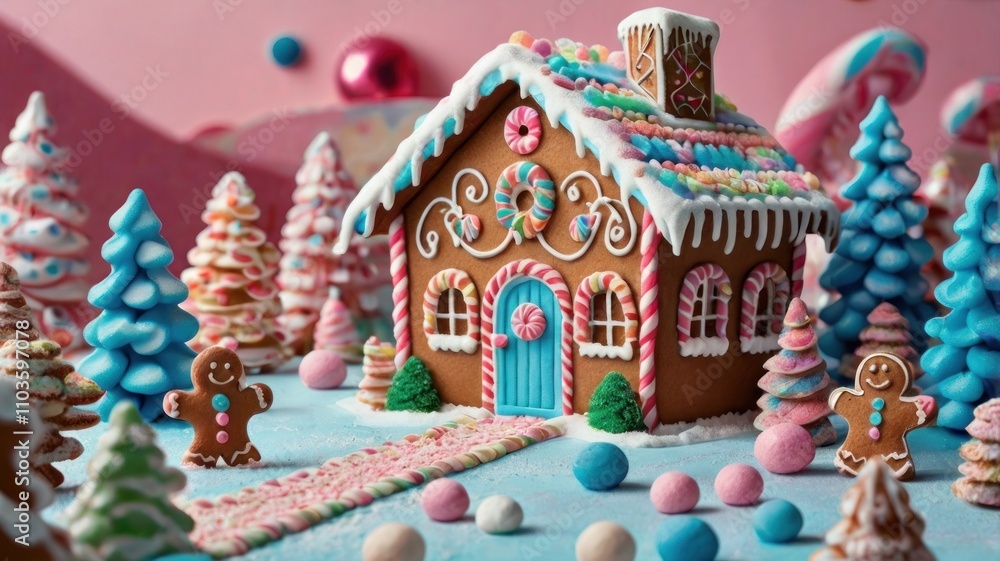 Festive gingerbread house in whimsical candyland setting. Festive gingerbread house in whimsical candyland setting.