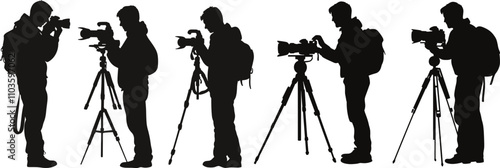 silhouette of photographer with camera, Three silhouetted photographers capturing images with tripods.