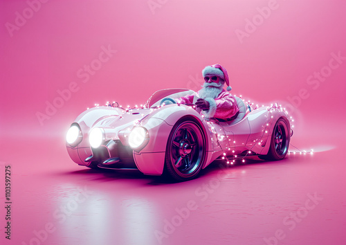 Santa Claus drive cyber futuristic car with xmas lights decor. Enjoy fast speed on a pastel pink background.