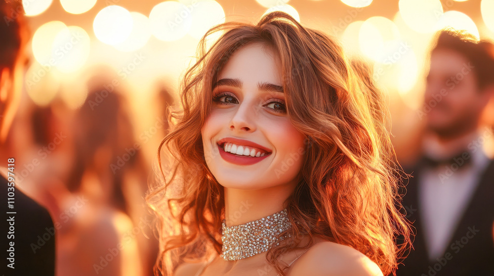 Fototapeta premium beautiful smiling european woman dancing and standing out in a crowd wearing diamond neck wear