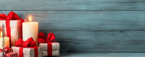 Discount voucher in seasonal concept. Festive candles and gift boxes on a wooden background.