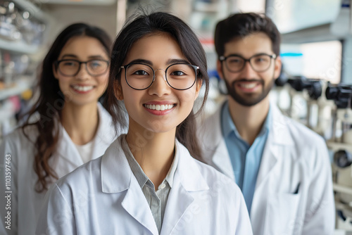 Smiling young researchers in laboratory coats engaged in science. Generative AI