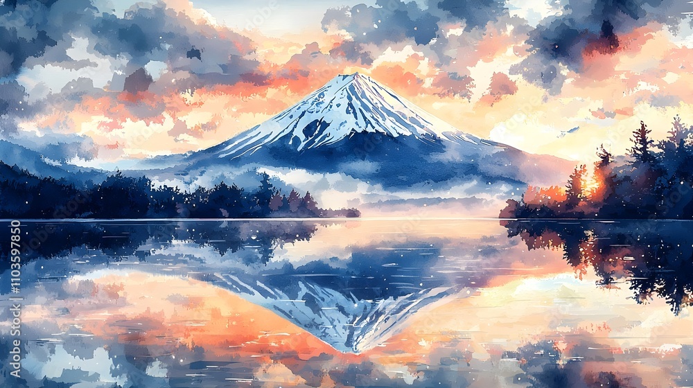 Serene Sumi Painting of Mount Fuji Reflecting on a Tranquil Lake During Sunset Glow Serene Sumi Painting of Mount Fuji Reflecting on a Tranquil Lake During Sunset Glow