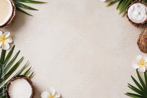 Discount voucher in seasonal concept. Natural coconut and flowers arranged on a light background.