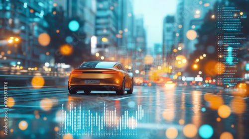 Futuristic car drives through a city at night, surrounded by colorful lights and digital graphics, illustrating advanced technology and motion in an urban setting.