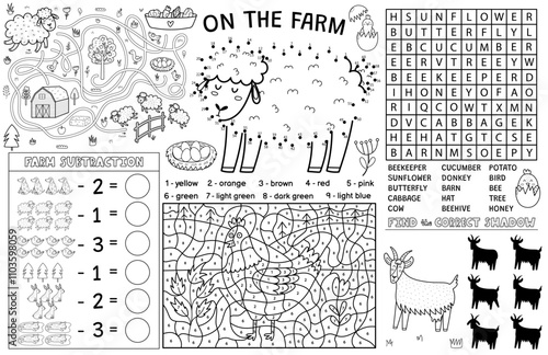 On the farm placemat with cute animals. Farm activity mat for kids with dot to dot, word search, math, color by number and maze games. Sheep, hen, goat and others. Vector illustration