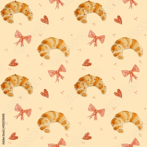 Pattern with croissants for fabric print, seamless patterns, fabric patterns, fruits print, strawberry pattern,croissant pattern, romantic pattern, hearts, valentine day pattern, sweet patterns