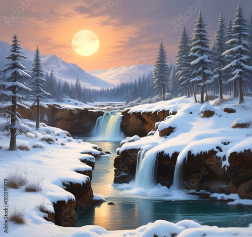 Illustration of winter landscape with waterfall.