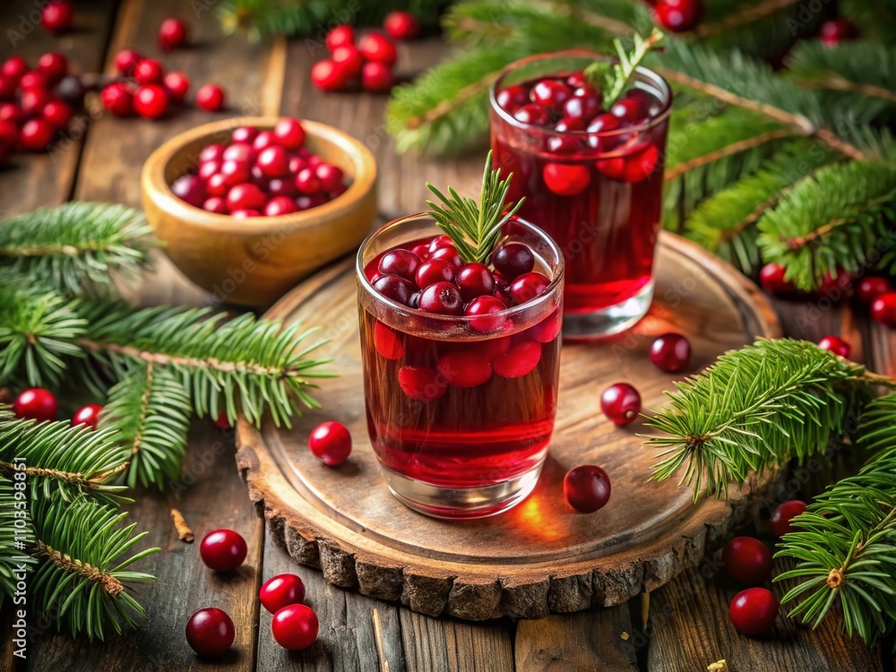 Festive Cranberry Drink Surrounded by Fir Branches and Fresh Berries on a Christmas Table, Capturing the Essence of the Holiday Spirit in a Cozy Atmosphere Festive Cranberry Drink Surrounded by Fir Branches and Fresh Berries on a Christmas Table, Capturing the Essence of the Holiday Spirit in a Cozy Atmosphere