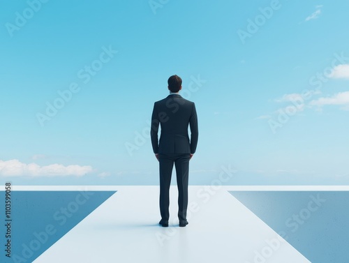 Goal setting mindset concept. A businessman standing on a path under a clear blue sky.