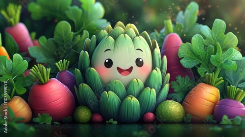 Logo design depicting a cute artichoke character with a smile, surrounded by colorful vegetables and playful herbs. The cute style and bright colors create an engaging scene, enhanced by a cartoon  photo