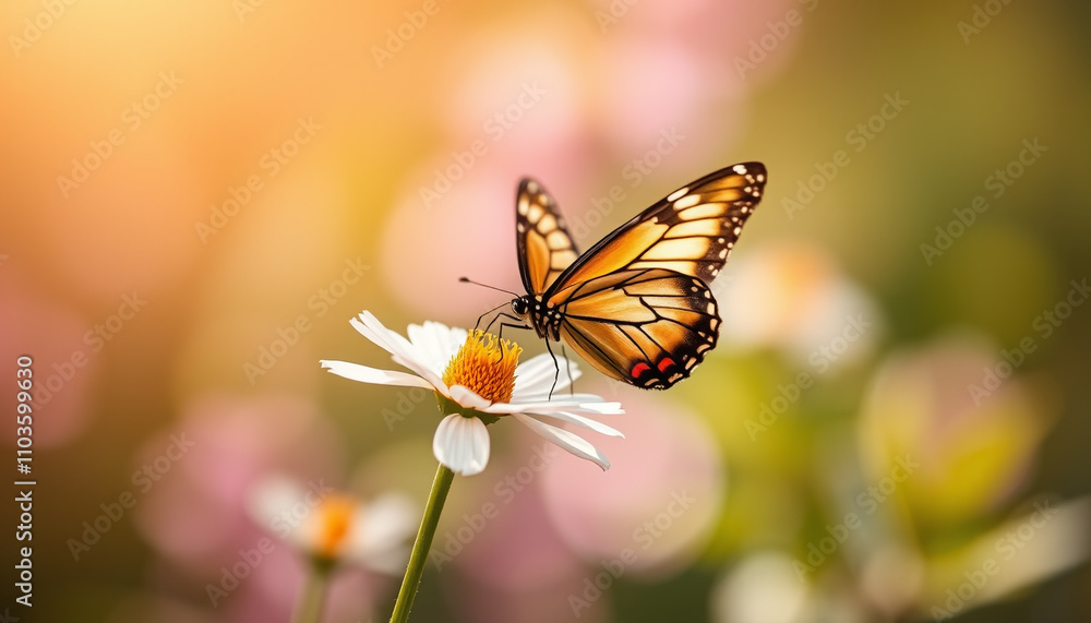 Fototapeta premium A delicate butterfly, wings outstretched, perches gently on a vibrant bloom