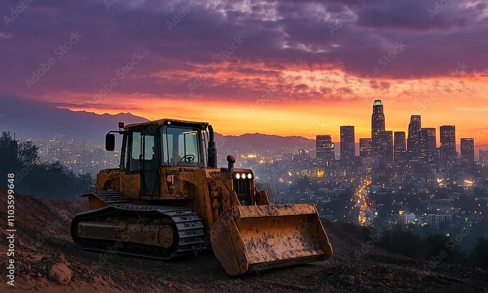 Bulldozer at Sunset Over City Skyline with Vibrant Clouds Bulldozer at Sunset Over City Skyline with Vibrant Clouds