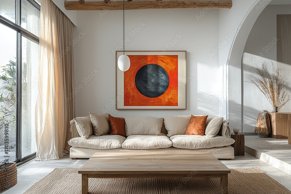 Fototapeta premium A modern living room photo of a minimalist, japandi interior with sofa and art frame and a Scandinavian interior combination. Generative AI