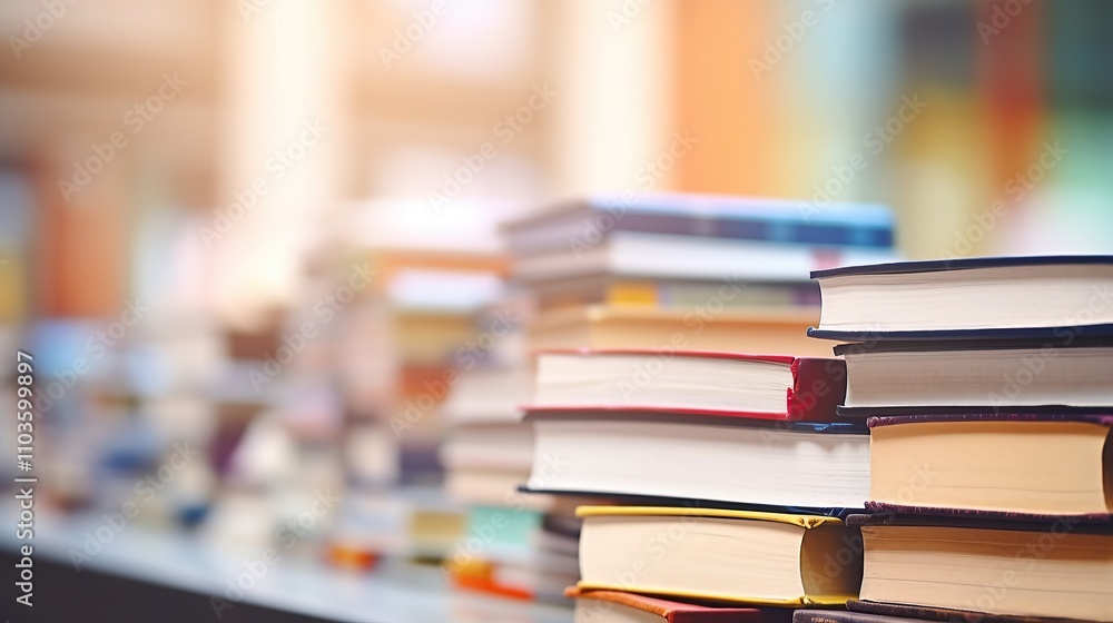 Several stacks of colorful books on a table and bookshelf with blurred library or bookstore background Several stacks of colorful books on a table and bookshelf with blurred library or bookstore background
